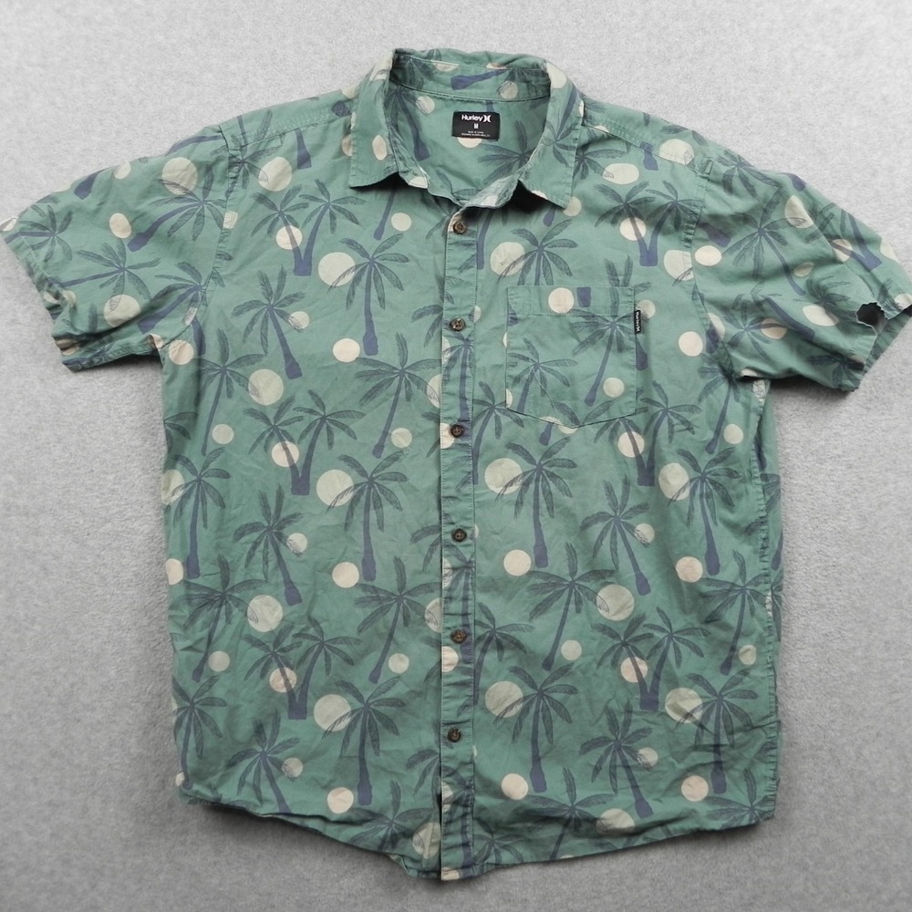 Hurley Shirt Mens Medium Hawaiian Tropical Button Up Green Palm Short Sleeve